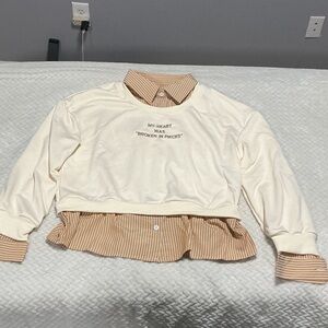 Womens Cream Layered-Look Long Sleeve Top with Tan Stripe Shirt Hem Sz M 0741